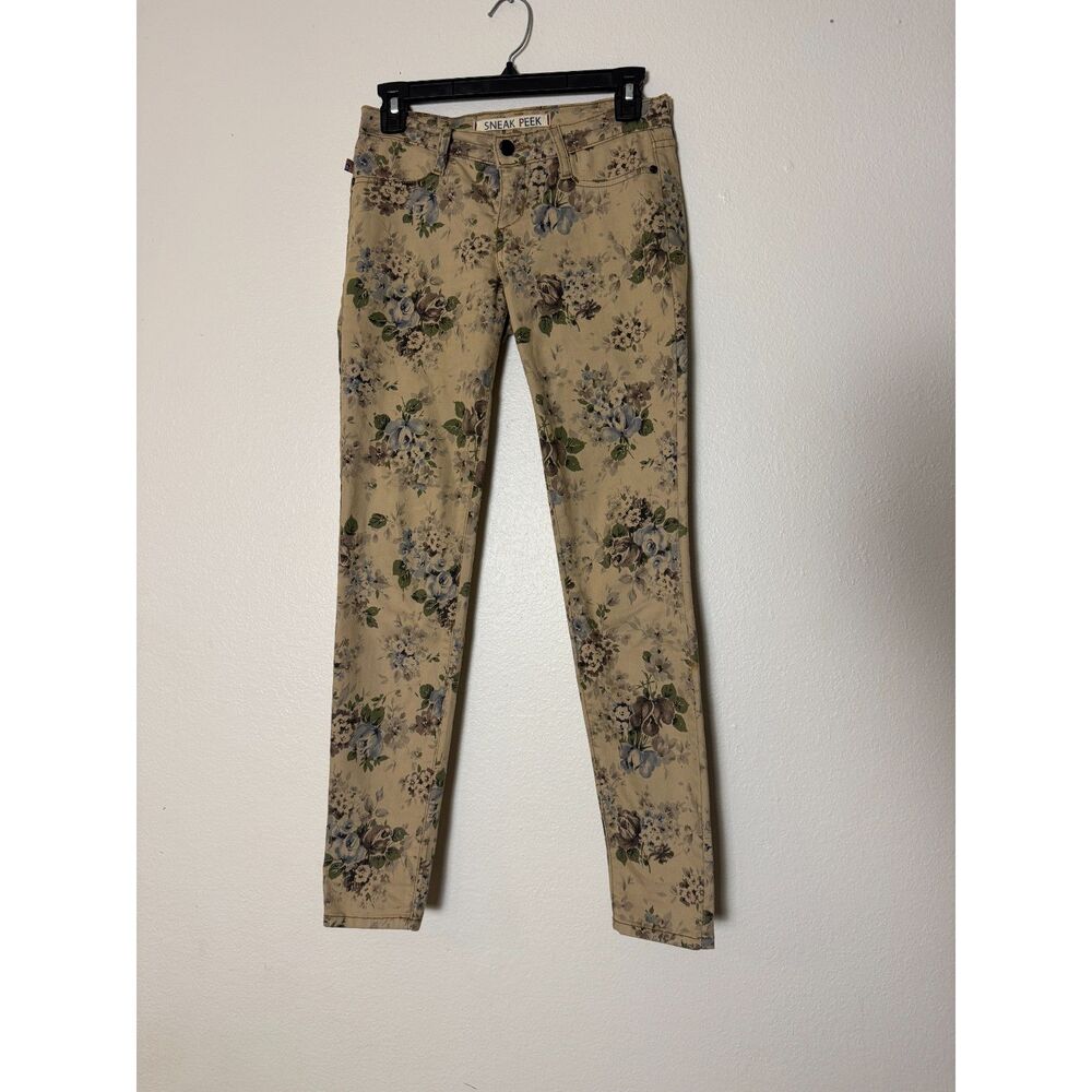 Sneak Peek Tan Floral Print Skinny Jeans Juniors Size 1 Stretch USA Made